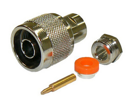 N-type male, solder pin, clamp-style connector for RG58 coaxial cables, DC-11 GHz, 50 Ohms – nickel plated